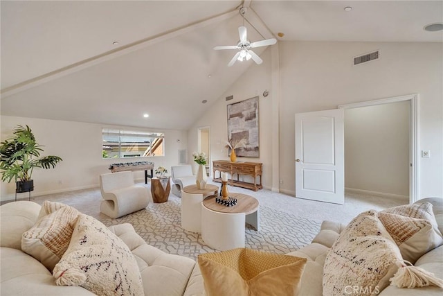 1768 Oakwood Ave, Arcadia, CA 91006 - carpeted living area featuring high vaulted ceiling, ceiling fan, baseboards, and beam ceiling