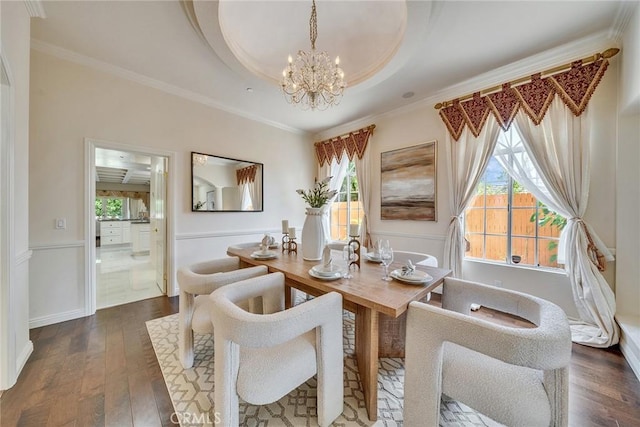 1768 Oakwood Ave, Arcadia, CA 91006 - dining area with a chandelier, hardwood / wood-style flooring, crown molding, plenty of natural light, and a tray ceiling