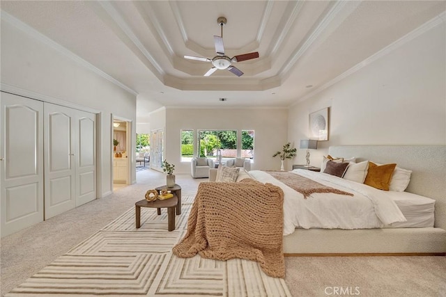 1768 Oakwood Ave, Arcadia, CA 91006 - carpeted bedroom featuring a tray ceiling, ornamental molding, and a ceiling fan