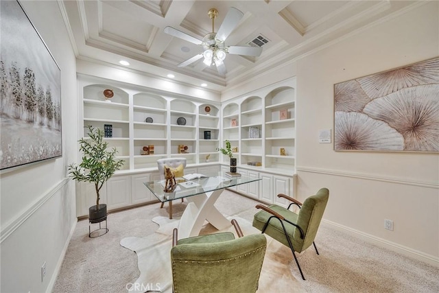 1768 Oakwood Ave, Arcadia, CA 91006 - office space featuring built in shelves, carpet floors, crown molding, baseboards, and coffered ceiling