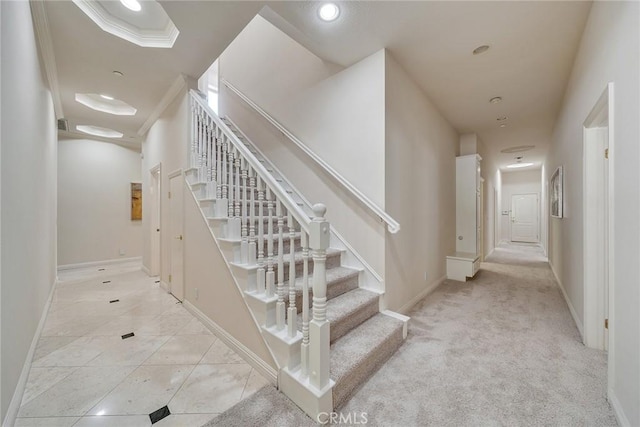 1768 Oakwood Ave, Arcadia, CA 91006 - stairway with baseboards, recessed lighting, carpet floors, and crown molding
