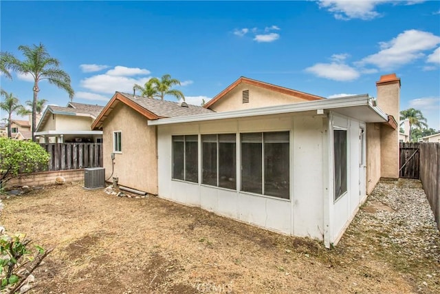 366 Elderberry St, La Verne, CA 91750 - rear view of house with stucco siding, a fenced backyard, central air condition unit, and a chimney