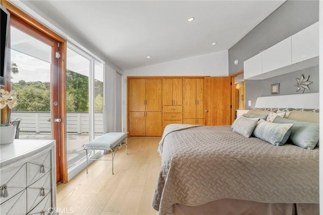 3839 Davana Rd, Sherman Oaks, CA 91423 - bedroom with lofted ceiling, access to exterior, light wood-style flooring, and recessed lighting