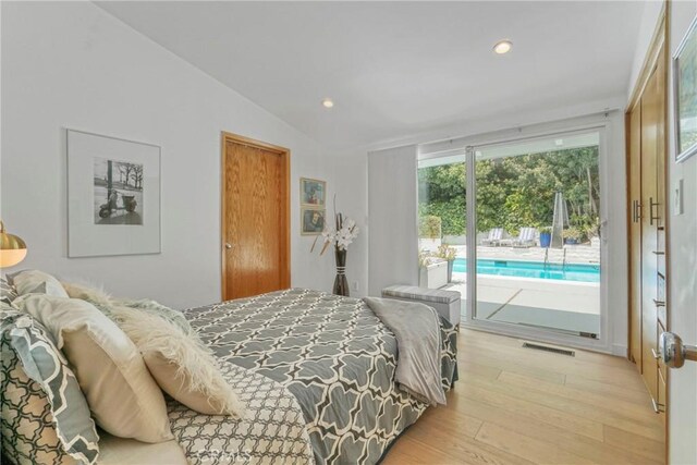 3839 Davana Rd, Sherman Oaks, CA 91423 - bedroom featuring access to outside, lofted ceiling, light wood-style flooring, and recessed lighting