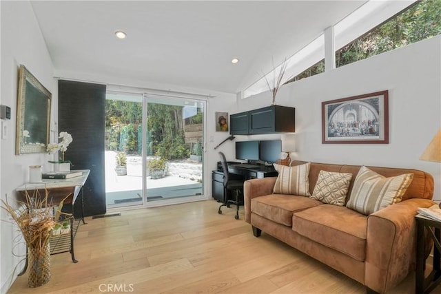 3839 Davana Rd, Sherman Oaks, CA 91423 - living area featuring light wood-style floors, lofted ceiling, an office area, and recessed lighting