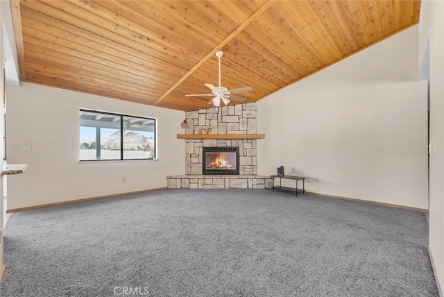 16635 Wintun Rd, Apple Valley, CA 92307 - unfurnished living room featuring lofted ceiling, wood ceiling, ceiling fan, carpet flooring, and a stone fireplace