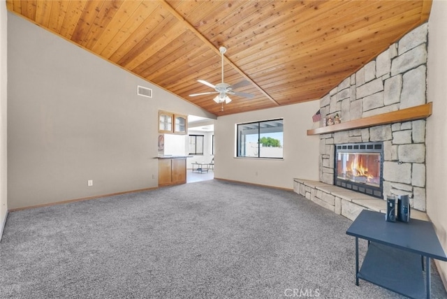 16635 Wintun Rd, Apple Valley, CA 92307 - unfurnished living room featuring wooden ceiling, carpet flooring, baseboards, ceiling fan, and high vaulted ceiling