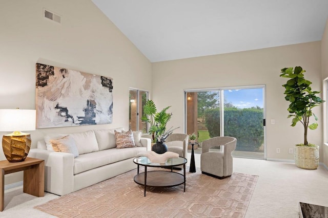 4036 Stonebridge Ln, Rancho Santa Fe, CA 92091 - living room with light carpet, high vaulted ceiling, and baseboards