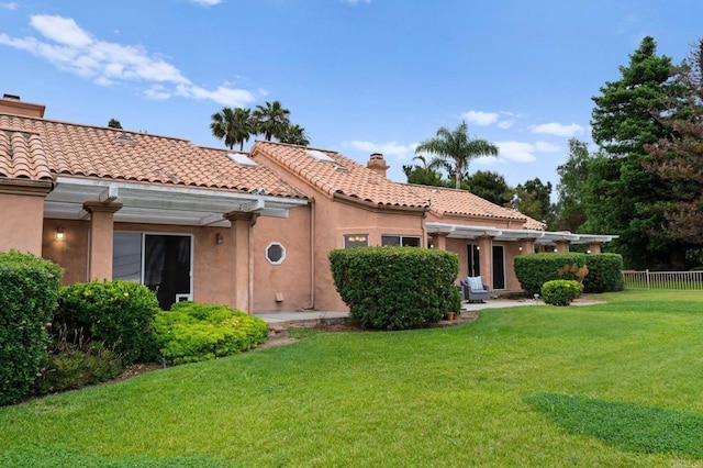 4036 Stonebridge Ln, Rancho Santa Fe, CA 92091 - view of front facade with a chimney, stucco siding, a pergola, and a tiled roof