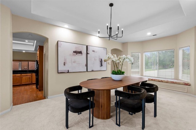 4036 Stonebridge Ln, Rancho Santa Fe, CA 92091 - dining space featuring light carpet, a tray ceiling, recessed lighting, a chandelier, and baseboards