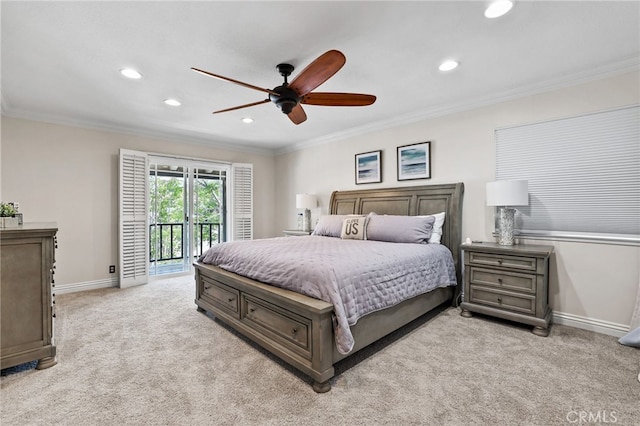 24751 Mosquero Ln, Mission Viejo, CA 92691 - bedroom featuring access to outside, recessed lighting, light colored carpet, ornamental molding, and ceiling fan
