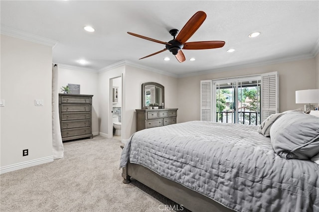 24751 Mosquero Ln, Mission Viejo, CA 92691 - carpeted bedroom featuring access to exterior, recessed lighting, ornamental molding, connected bathroom, and a ceiling fan