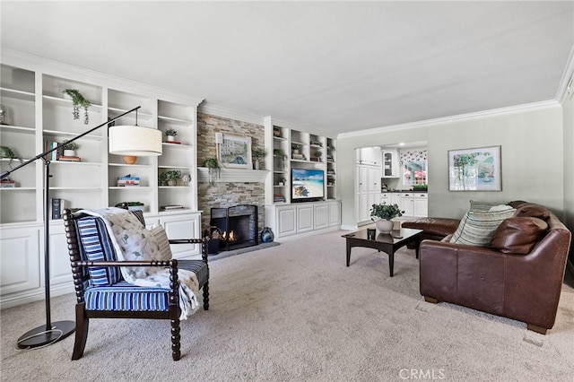 24751 Mosquero Ln, Mission Viejo, CA 92691 - living room with carpet, crown molding, a stone fireplace, and built in shelves