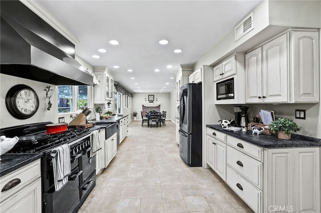24751 Mosquero Ln, Mission Viejo, CA 92691 - kitchen featuring black appliances, ventilation hood, white cabinets, recessed lighting, and glass insert cabinets
