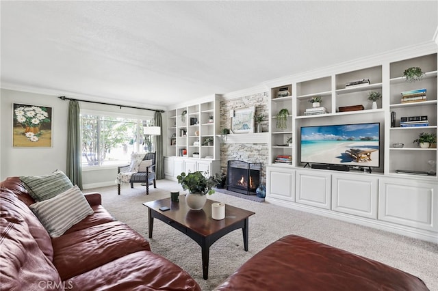 24751 Mosquero Ln, Mission Viejo, CA 92691 - carpeted living area featuring crown molding, a fireplace, baseboards, and a textured ceiling