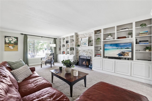24751 Mosquero Ln, Mission Viejo, CA 92691 - carpeted living room featuring crown molding, a fireplace, and a textured ceiling