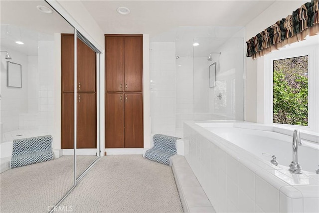 3537 Pinon Pines Rd, Wrightwood, CA 92397 - bathroom featuring tiled shower, a bath, and recessed lighting
