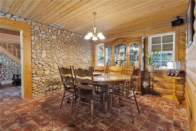 3537 Pinon Pines Rd, Wrightwood, CA 92397 - dining space with wooden ceiling, a chandelier, and healthy amount of natural light