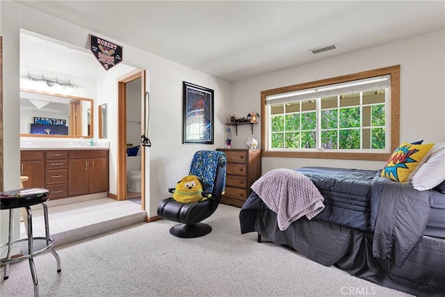 3537 Pinon Pines Rd, Wrightwood, CA 92397 - bedroom featuring light colored carpet, ensuite bath, and baseboards