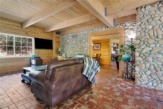 3537 Pinon Pines Rd, Wrightwood, CA 92397 - living area featuring wooden walls, wood ceiling with exposed beams, and brick flooring