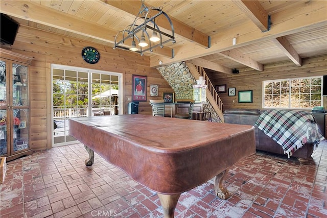 3537 Pinon Pines Rd, Wrightwood, CA 92397 - rec room with wood walls, wood ceiling with exposed beams, billiards, and brick floors
