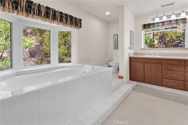 3537 Pinon Pines Rd, Wrightwood, CA 92397 - full bath featuring vanity, toilet, a bath, and recessed lighting