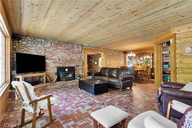 3537 Pinon Pines Rd, Wrightwood, CA 92397 - living area with wood ceiling, a chandelier, and brick floors