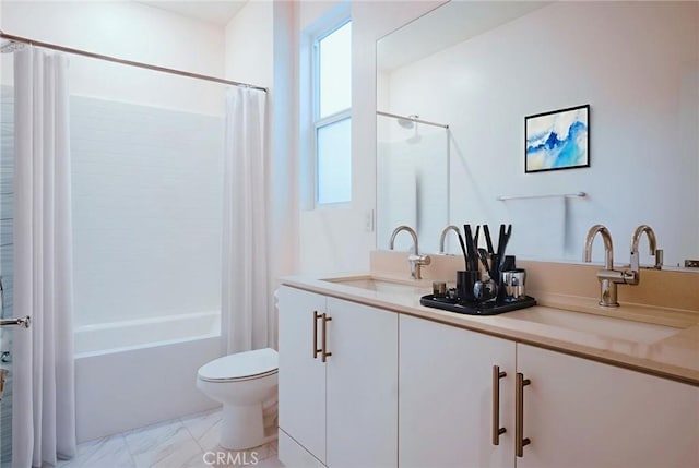 15820 Caterpillar Dr, Fontana, CA 92336 - bathroom featuring double vanity, toilet, and shower / bathtub combination with curtain