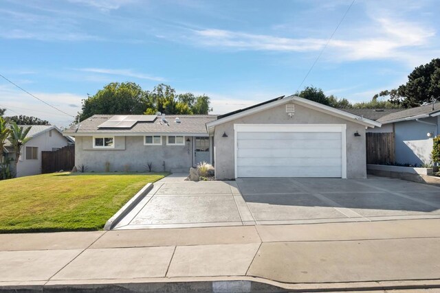 4158 Seri St, San Diego, CA 92117 - ranch-style home featuring roof mounted solar panels, stucco siding, driveway, and a garage