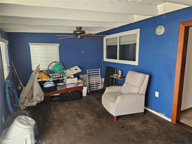 1364 El Lugar, Chula Vista, CA 91911 - living area featuring carpet flooring, a ceiling fan, beam ceiling, and baseboards