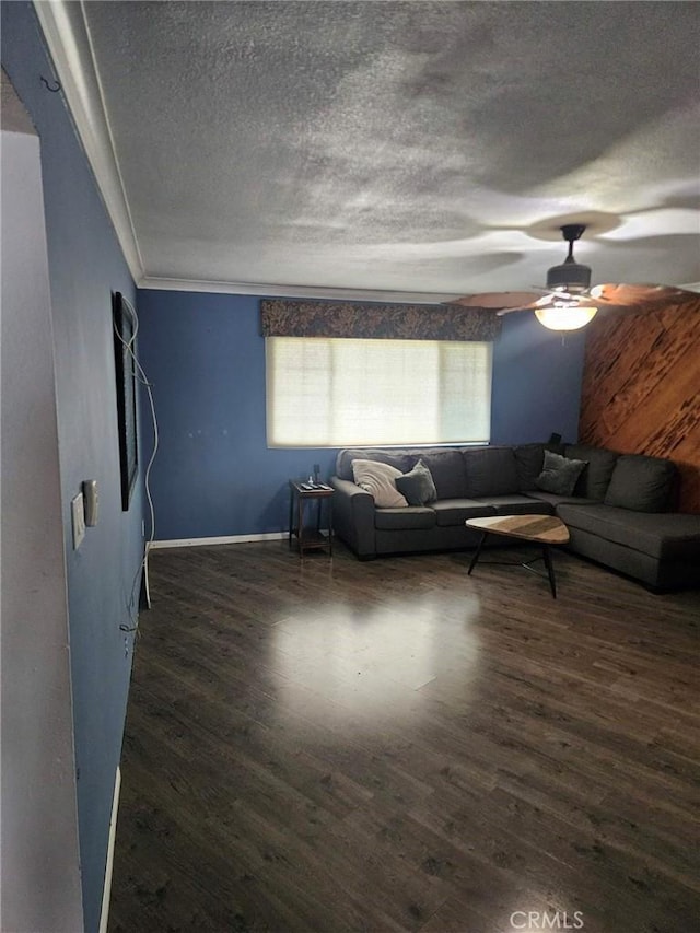 1364 El Lugar, Chula Vista, CA 91911 - living room with a textured ceiling, a ceiling fan, wood finished floors, crown molding, and baseboards