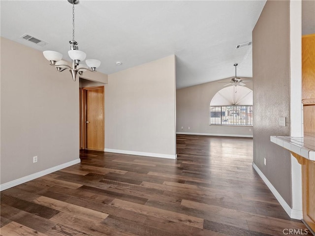 13951 Falling Leaf Rd, Apple Valley, CA 92307 - unfurnished dining area with lofted ceiling, a chandelier, a ceiling fan, dark wood-type flooring, and baseboards
