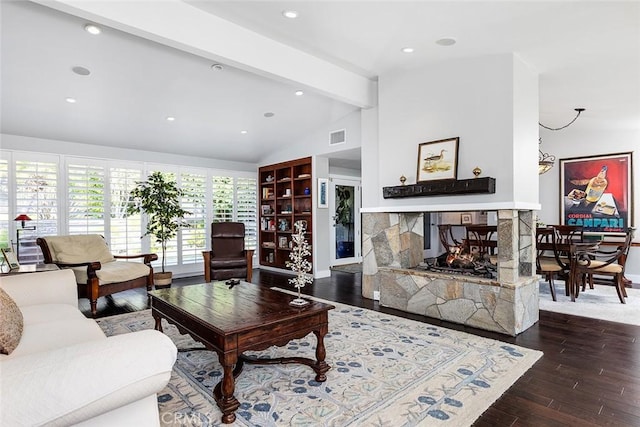 2212 Rim Rd, Duarte, CA 91008 - living area featuring a multi sided fireplace, wood finished floors, and recessed lighting