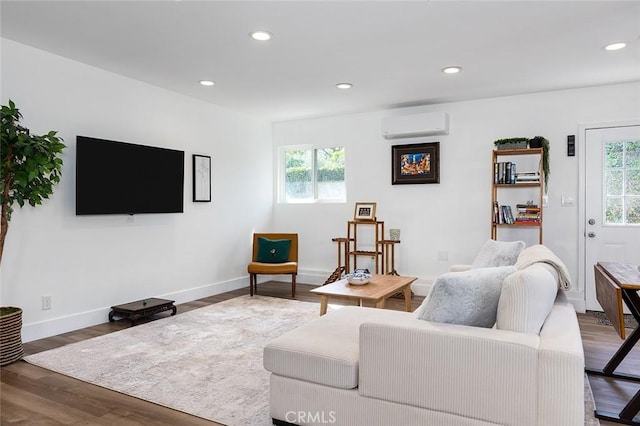 2212 Rim Rd, Duarte, CA 91008 - living room featuring a wall mounted AC, wood finished floors, and recessed lighting