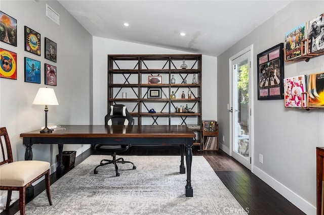 2212 Rim Rd, Duarte, CA 91008 - office with vaulted ceiling, dark wood-style flooring, and recessed lighting