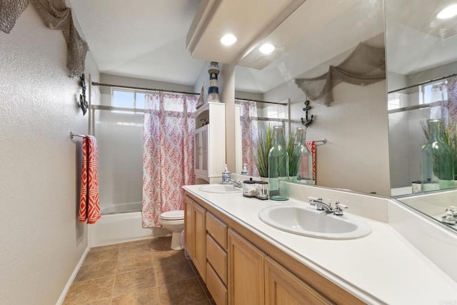 1394 Corte Magna, Oceanside, CA 92057 - full bathroom featuring shower / tub combo with curtain, double vanity, toilet, and baseboards