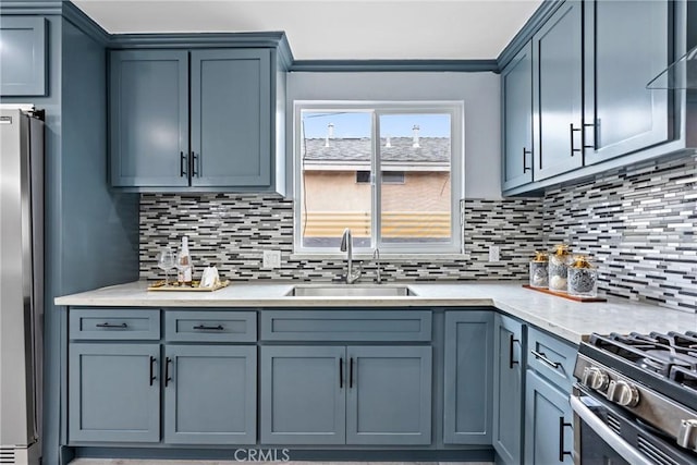 7321 Eglise Ave, Pico Rivera, CA 90660 - kitchen with freestanding refrigerator, decorative backsplash, ornamental molding, and ventilation hood