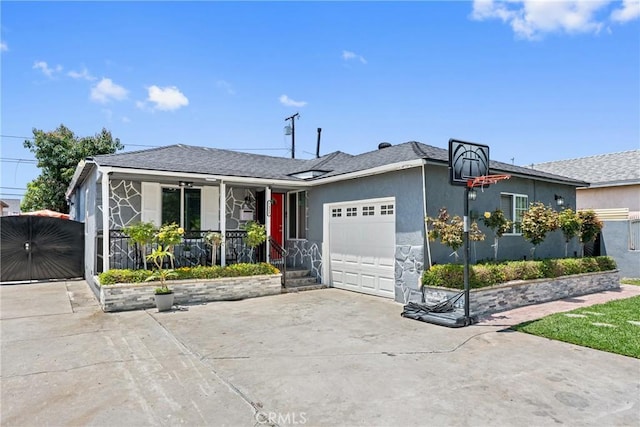 7321 Eglise Ave, Pico Rivera, CA 90660 - ranch-style home with a porch, driveway, a garage, and stucco siding