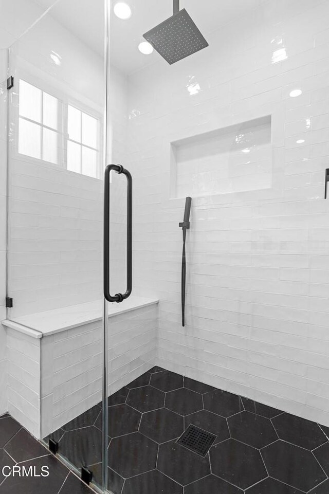 260262 Acacia St, Altadena, CA 91001 - bathroom with tile patterned flooring, a shower stall, and recessed lighting
