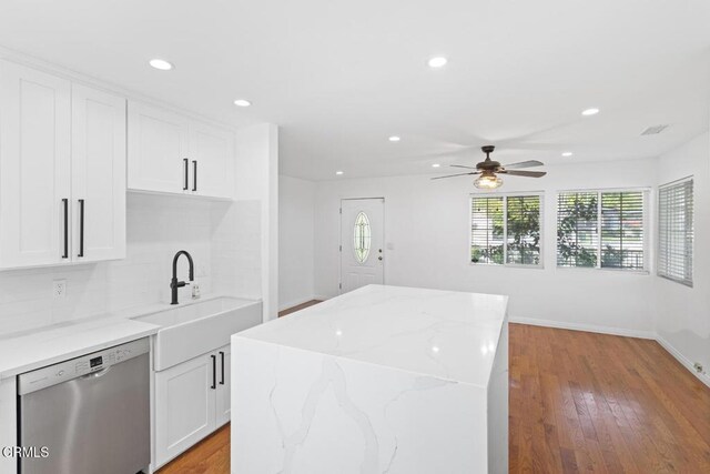 260262 Acacia St, Altadena, CA 91001 - kitchen with dishwasher, a sink, a center island, a ceiling fan, and recessed lighting