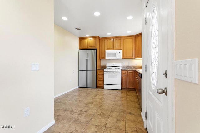 260262 Acacia St, Altadena, CA 91001 - kitchen with stainless steel appliances, brown cabinetry, baseboards, recessed lighting, and light countertops