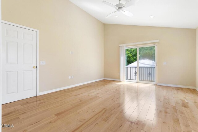 260262 Acacia St, Altadena, CA 91001 - empty room with light wood-type flooring, ceiling fan, baseboards, and high vaulted ceiling