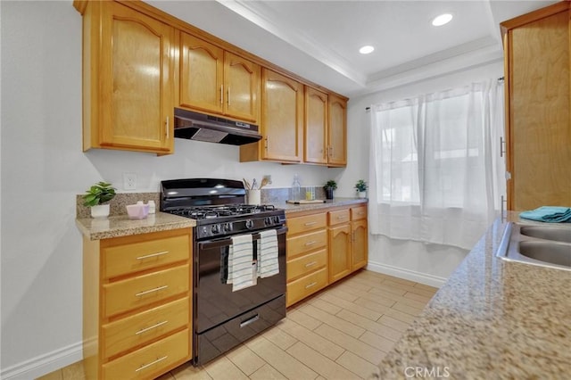 5905 Rosemead Blvd Unit 16, Pico Rivera, CA 90660 - kitchen featuring extractor fan, gas stove, baseboards, ornamental molding, and recessed lighting