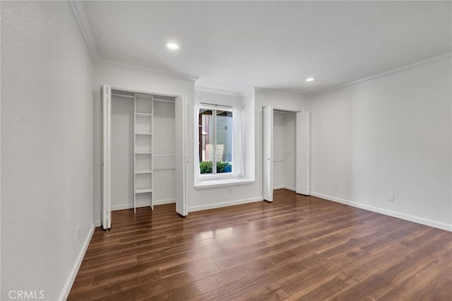 5905 Rosemead Blvd Unit 16, Pico Rivera, CA 90660 - unfurnished bedroom featuring multiple closets, crown molding, wood finished floors, recessed lighting, and baseboards