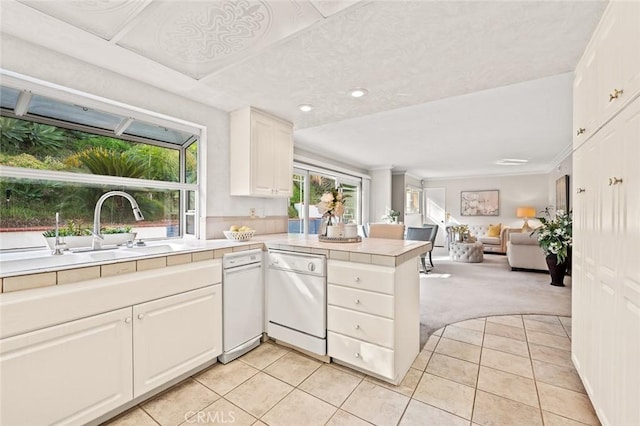 22443 Robin Oaks, Diamond Bar, CA 91765 - kitchen with dishwasher, a peninsula, light carpet, light tile patterned floors, and open floor plan
