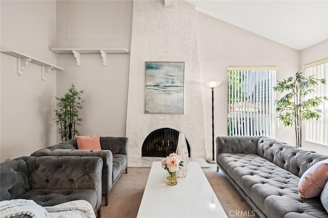 22443 Robin Oaks, Diamond Bar, CA 91765 - living area featuring a premium fireplace, light carpet, and vaulted ceiling