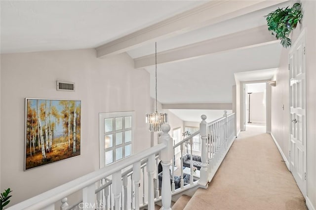 22443 Robin Oaks, Diamond Bar, CA 91765 - corridor with a chandelier, light colored carpet, and an upstairs landing