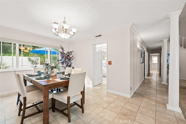 22443 Robin Oaks, Diamond Bar, CA 91765 - dining room with baseboards, a chandelier, light tile patterned floors, ornate columns, and ornamental molding