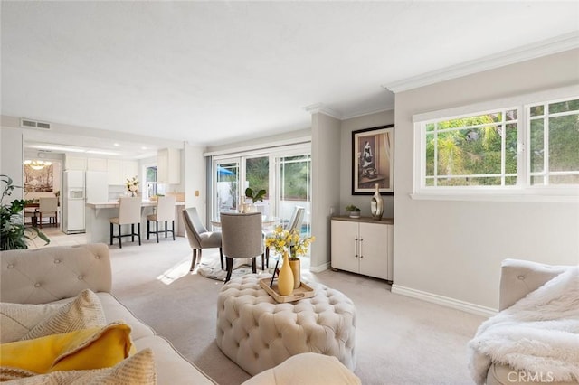 22443 Robin Oaks, Diamond Bar, CA 91765 - living room featuring light colored carpet, crown molding, and baseboards