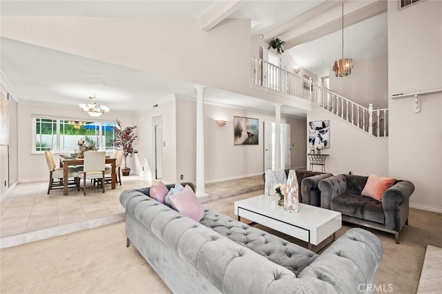 22443 Robin Oaks, Diamond Bar, CA 91765 - living room with a chandelier, light colored carpet, decorative columns, baseboards, and crown molding
